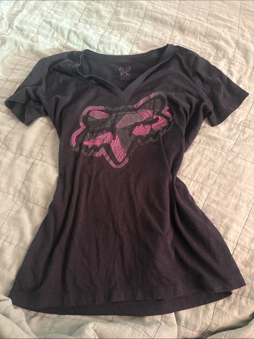 Fox Black V-Neck Tee with Pink Logo Graphic